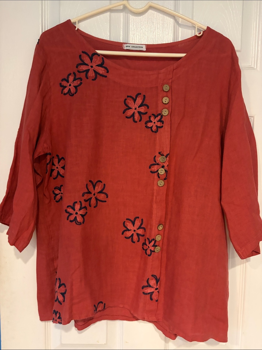Dusty Pink Embroidered Linen Button-Front Top